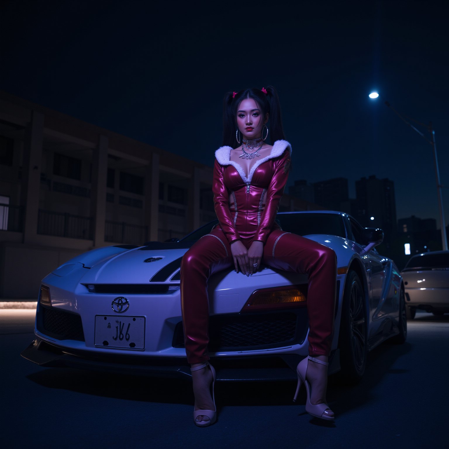 A Korean woman, cheerleader, sitting on Toyota supra , night street, night light ,cyberpunk, sexy 