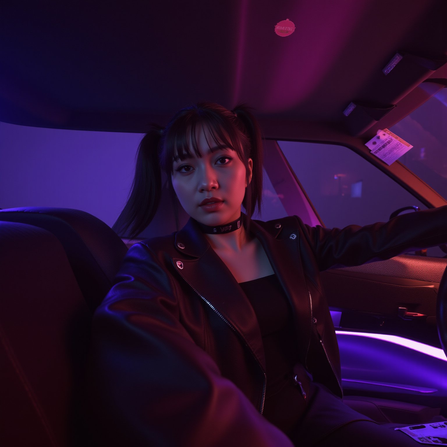 A Korean woman, very pretty, sexy, wearing mode clothes, that's mach the car beauty, driving Toyota supra , classic night street, night light ,cyberpunk