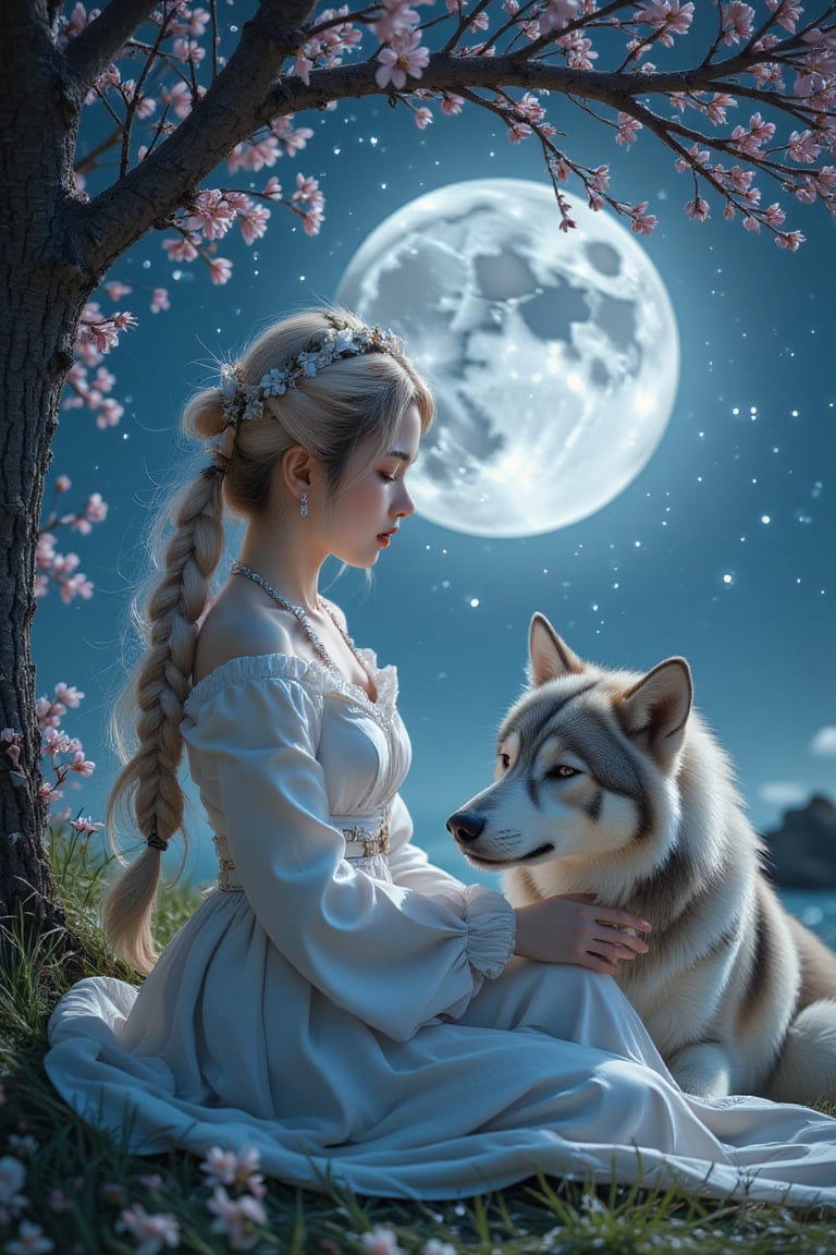 In a serene 8K masterpiece, one girl sits outdoors under the radiant full moon. Her long, wavy hair cascades down her back like a river of gold, with braids adorned by flowers. She wears a flowing white dress and wide sleeves, cinched at the wrist. Her eyes are closed, and a gentle smile spreads across her face. A big wolf sits beside her, its fur glistening in the moonlight as she strokes it softly. The camera captures her profile from the side, framed by a majestic tree and the lush grass. The night sky above is a canvas of twinkling stars, with the half-illuminated moon casting a silver glow on her serene features.,Frozen,watercolor painting,anime style