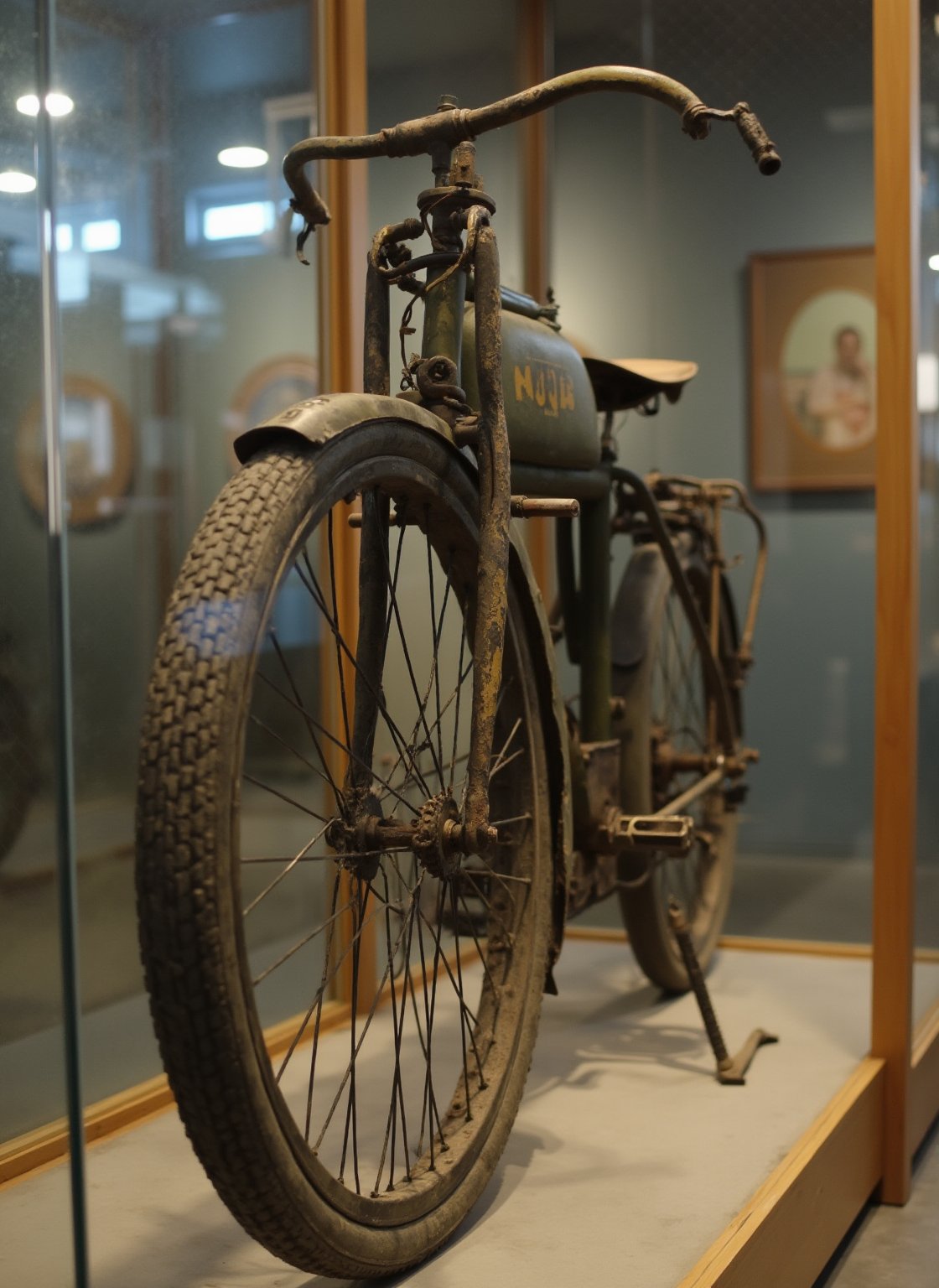 Close-up framing of an antique World War bike in museum,sealed in glass box , The bike's rusty tires and faded paint reflect the patina of age. Main attraction 