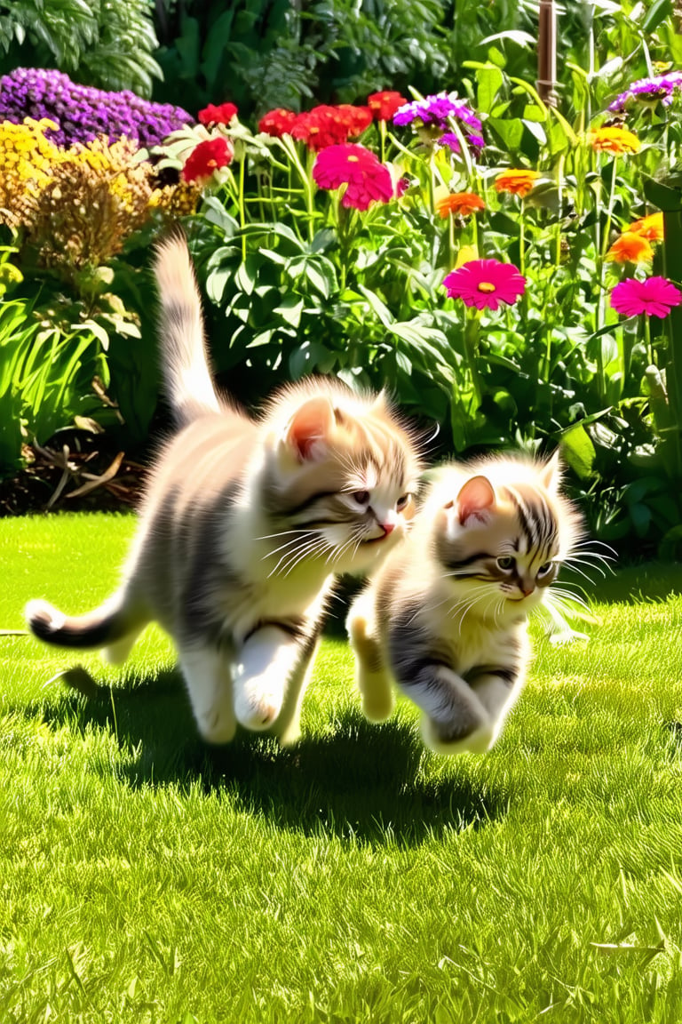 Two small cats, tiny their fur glistening in the warm sunlight, run playfully together amidst vibrant flowers and lush greenery in a serene garden setting. Their tiny paws barely touch the ground as they bound across the grassy terrain, their joyful expressions radiating happiness and friendship.