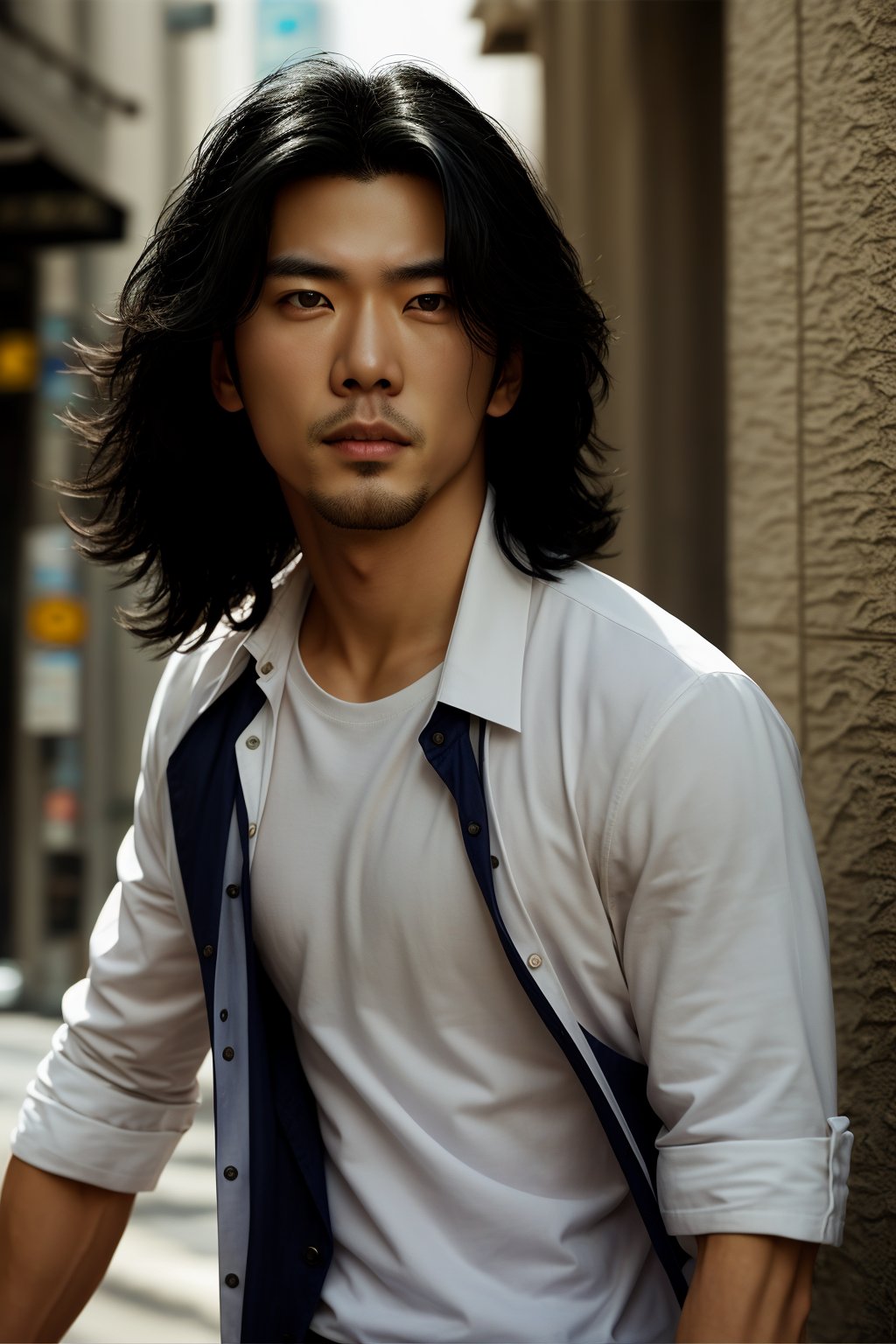 A realistic image of a young Asian man with long, wavy black hair, embodying the influencer persona. He has a slim body, dressed in a trendy outfit featuring trousers, a shirt, and a white t-shirt. The man poses confidently in front of a textured wall on a Seoul street, his gaze fixed on the camera. The composition captures his fashionable ensemble and the urban setting, with natural lighting accentuating the scene's authenticity.