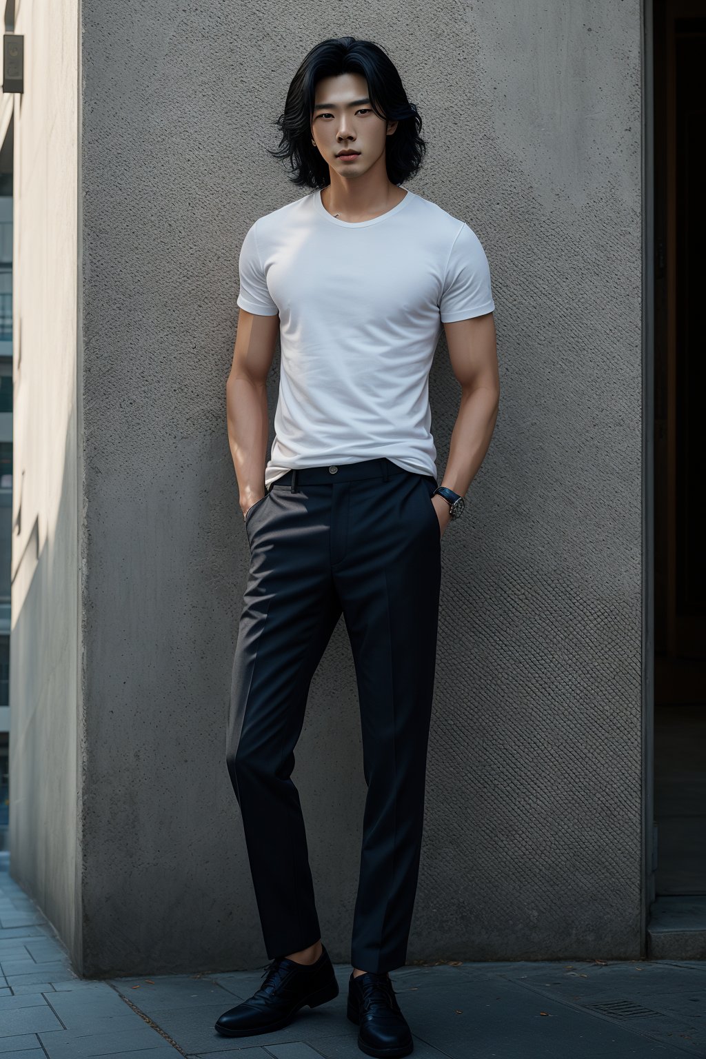 A realistic image of a young Asian man with long, wavy black hair, embodying the influencer persona. He has a slim body, dressed in a trendy outfit featuring trousers, a shirt, and a white t-shirt. The man poses confidently in front of a textured wall on a Seoul street, his gaze fixed on the camera. The composition captures his fashionable ensemble and the urban setting, with natural lighting accentuating the scene's authenticity.