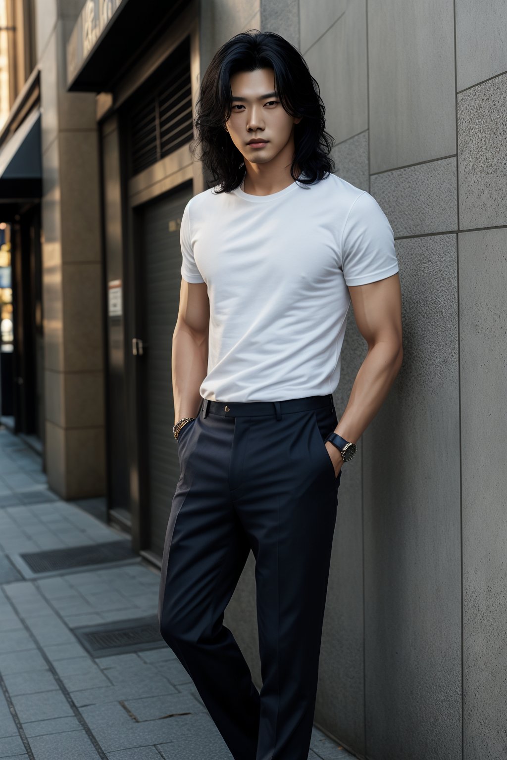 A realistic image of a young Asian man with long, wavy black hair, embodying the influencer persona. He has a slim body, dressed in a trendy outfit featuring trousers, a shirt, and a white t-shirt. The man poses confidently in front of a textured wall on a Seoul street, his gaze fixed on the camera. The composition captures his fashionable ensemble and the urban setting, with natural lighting accentuating the scene's authenticity.