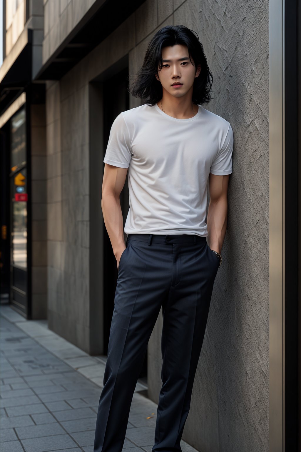 A realistic image of a young Asian man with long, wavy black hair, embodying the influencer persona. He has a slim body, dressed in a trendy outfit featuring trousers, a shirt, and a white t-shirt. The man poses confidently in front of a textured wall on a Seoul street, his gaze fixed on the camera. The composition captures his fashionable ensemble and the urban setting, with natural lighting accentuating the scene's authenticity.