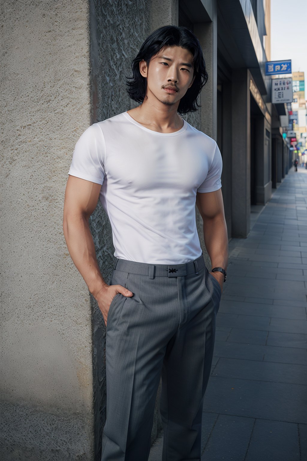 A realistic image of a young Asian man with long, wavy black hair, embodying the influencer persona. He has a slim body, dressed in a trendy outfit featuring trousers, a shirt, and a white t-shirt. The man poses confidently in front of a textured wall on a Seoul street, his gaze fixed on the camera. The composition captures his fashionable ensemble and the urban setting, with natural lighting accentuating the scene's authenticity.