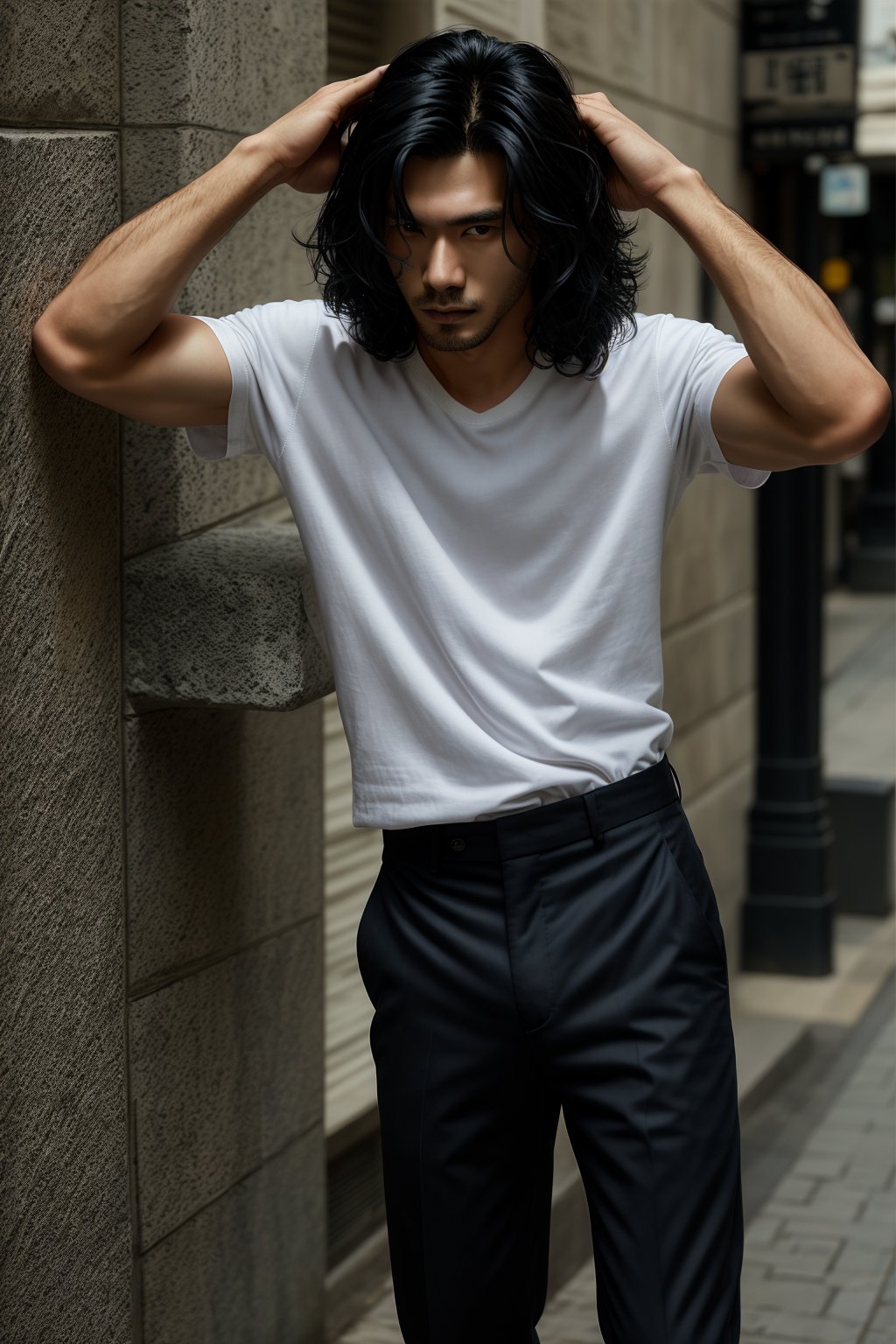 A realistic image of a young Asian man with long, wavy black hair, embodying the influencer persona. He has a slim body, dressed in a trendy outfit featuring trousers, a shirt, and a white t-shirt. The man poses confidently in front of a textured wall on a Seoul street, his gaze fixed on the camera. The composition captures his fashionable ensemble and the urban setting, with natural lighting accentuating the scene's authenticity.