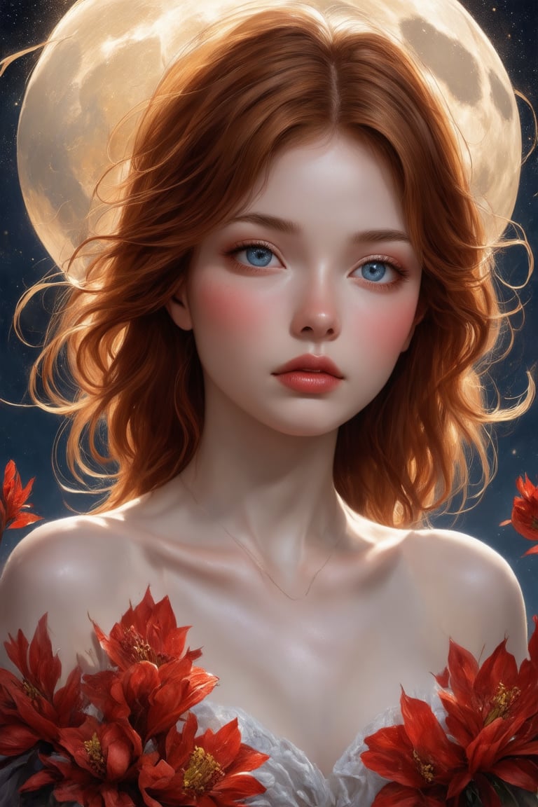 (1girl, face focus, medium shot, gracefully, golden petals and red flowers form intricate patterns against the backdrop of the moon, reminiscent of the styles of Yoann Lossel, Cyril Rolando, Nan Goldin, Lee Bontecou, and Loish), Detailed texture, High quality, High resolution, High precision, Realism, Color correction, Proper lighting settings, Harmonious composition, Behance Works,detail-rendering,Watercolor,Realistic Enhance,redhead