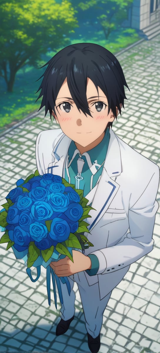 Score_9,score_8_up,score_7_up,Highly detailed, masterpiece, high quality, beautiful, high resolution, good details,1boy,solo,male focus,mezcla5v2,outdoor,church,suit,white suit,blue necktie,blue roses,smile,looking up, from above,bouquet the blue roses, bouquet between hands,snile,blush,happy,looking at viewer,kazuto_kirigaya, black hair, black eyes, hair between eyes, short hair, sword art online