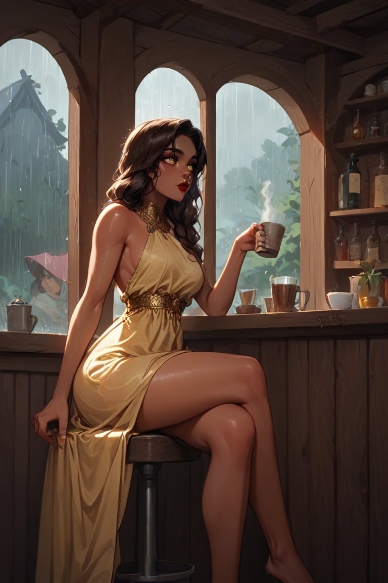 core_9, score_8_up, score_7_up , 1girl, arabian girl, dark skin, arabic dress, nose piercing, red lips, yellow eyes, brown hair, seetrough dress, crossed legs, sipping coffee, sitting in a bar, next to a window, looking outside, rainy day, stormy day, raining outside, backview, 