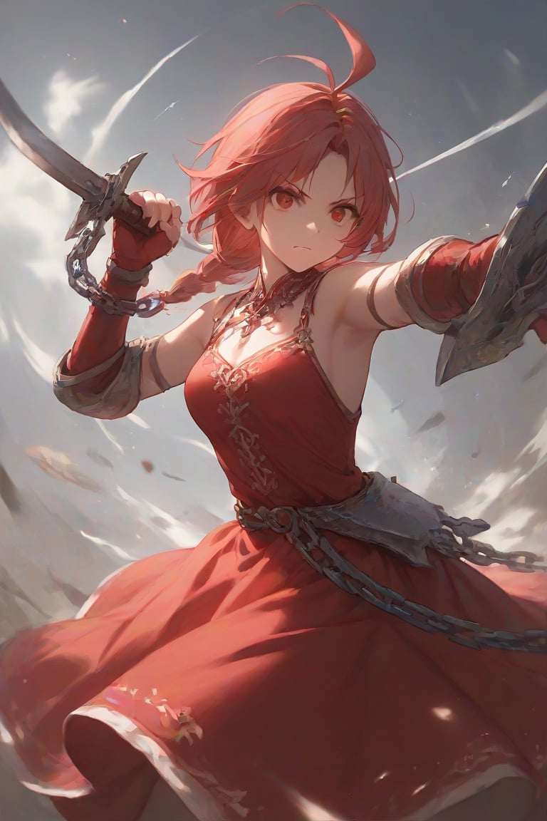 score_9, score_8_up, score_7_up, 1girl, red dress, chainblade , red eyes, battle_stance, seetrough,