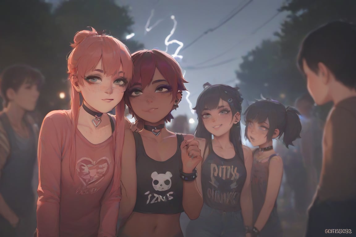 score_9, score_8_up, score_7_up, emo girls ,  cute face, dark skin, heart choker, freckles, depth of field, natural lightning, orgy, big tits, lesbians,