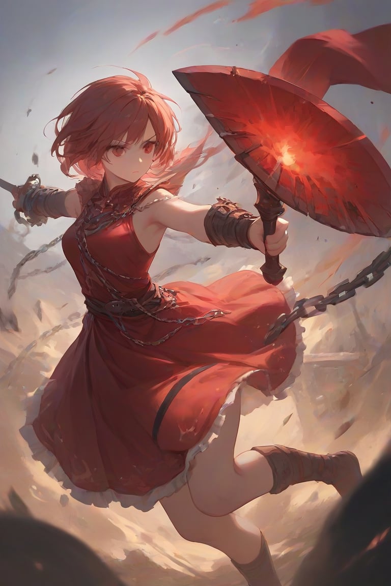 score_9, score_8_up, score_7_up, 1girl, red dress, chainblade , red eyes, battle_stance, seetrough,