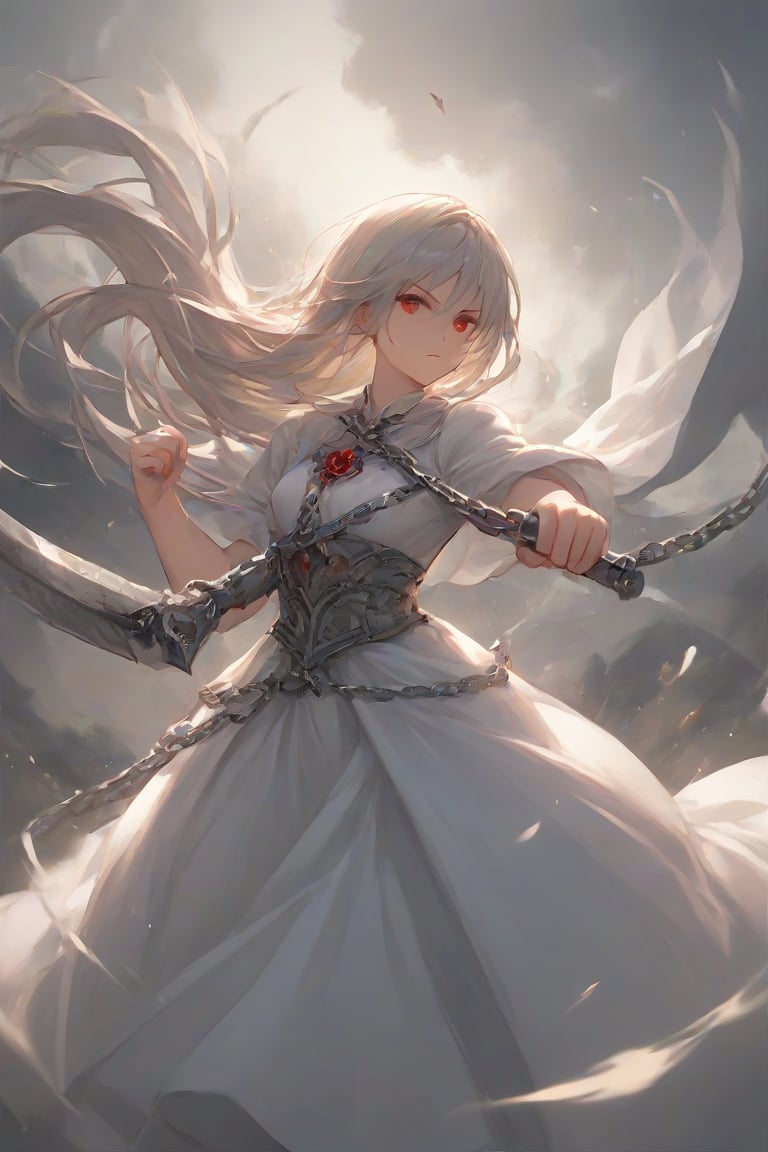 score_9, score_8_up, score_7_up, 1girl, white long dress, chainblade , red eyes, battle_stance, 