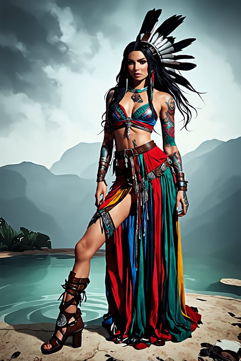 A majestic American Indian girl stands proudly in beautiful full length multi colorful dress, her long dark hair flowing like the wind. Her eyes, like pools of polished obsidian, shimmer with a deep wisdom, each layer revealing a story untold. Intricate tattoos adorn her arms and neck, a testament to her heritage. She strikes a dynamic pose, one leg bent, the other extended, as if ready to pounce into action. A wide-angle view captures her entire figure, from the curve of her cheekbones to the gentle slope of her shoulders. 