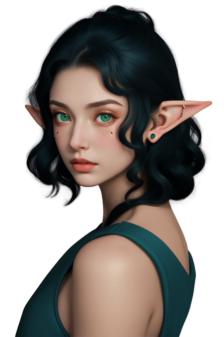 Throriel is a young female Cold willowy high elf, with delicate features, green eyes, long, shoulder length blue-black hair, Fair skin, with pointed ears, high cheekbones, Eyes set close together, Facial scar, Curly hair and Eyes set far apart, art by ralph bakshi and Frazetta in a forest