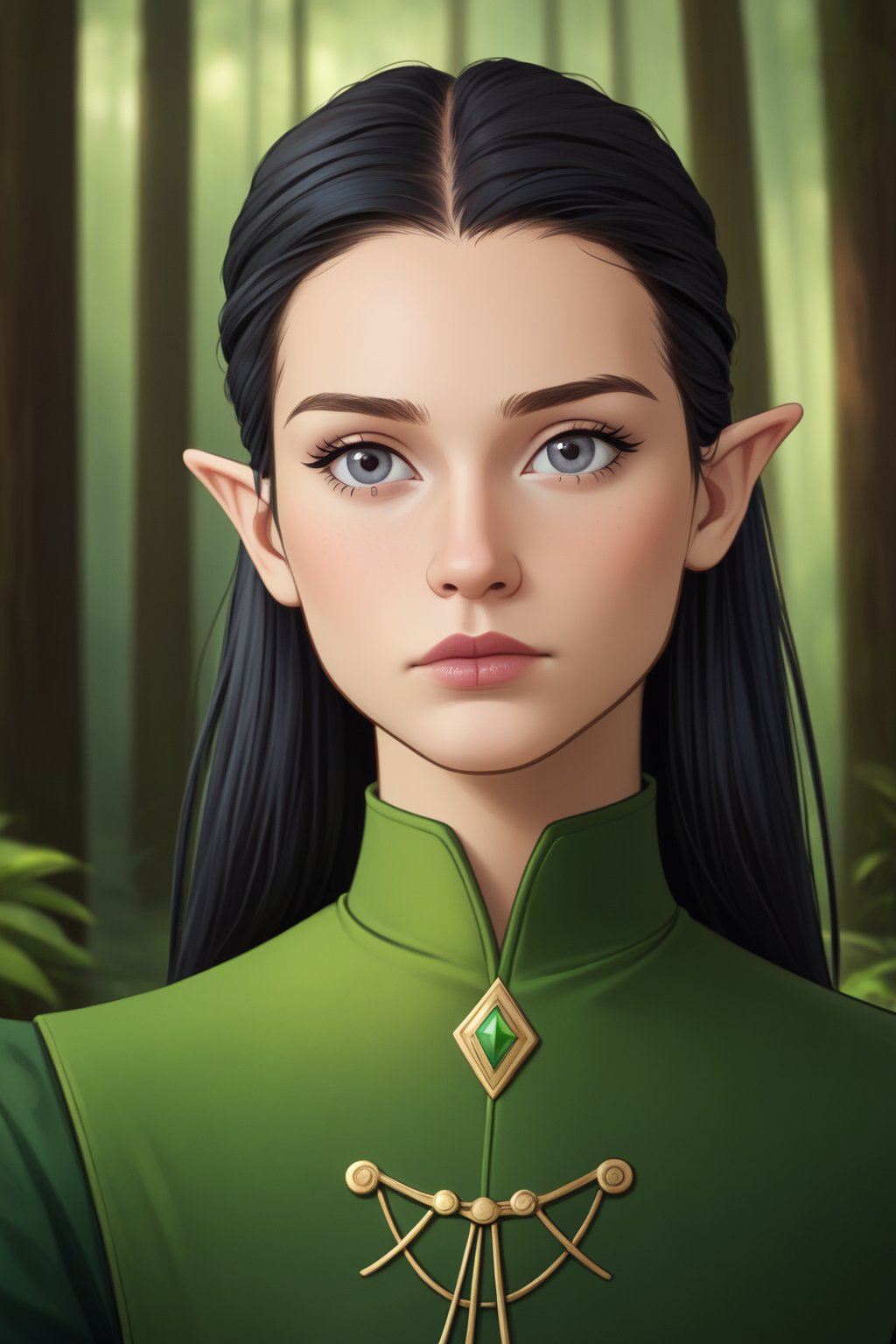 Besaualah is a young female Amused soft wandering elf, with delicate features, Dark Grey eyes, long, shoulder length Blue-Black hair, Pale skin, with pointed ears, high cheekbones, Full lips, Thin lips, Narrow face and Small nose, art by Jeff Easley and Milo Manara in a forest