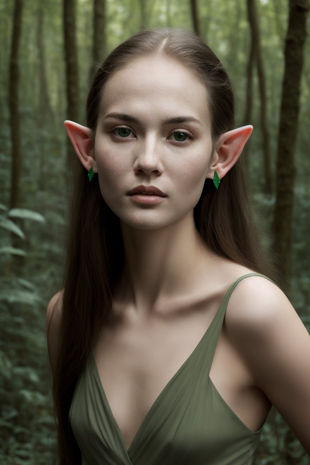 Ahaira Casimusioth is a young female Preoccupied slim wandering elf, with delicate features, Bright emerald eyes, long, shoulder length Honey Blond hair, Fair skin, with pointed ears, high cheekbones, High forehead, Small eyes, Small eyes and Round face, full body art by Gerald Brom and paolo roversi in a forest