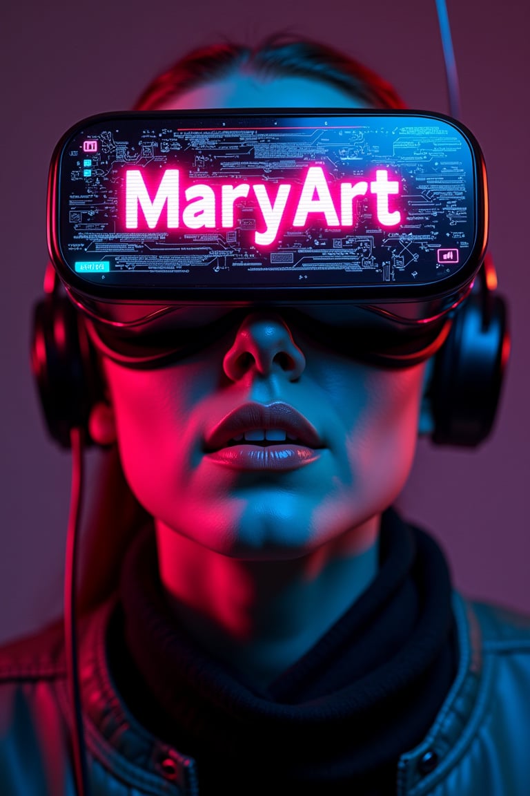 A dramatic cyberpunk portrait of a person wearing futuristic VR goggles reminiscent of Tron Legacy's aesthetic. The goggles, with a vibrant, glitching light fosforescent fucsia  neon sign effect, prominently display 'MaryArt' across the lenses. Intricate, glowing circuitry patterns, inspired by Josan Gonzalez's work,  dance across the face, emphasizing a look of intense focus bordering on digital possession.  The subject's expression is captured mid-sentence, lips slightly parted as if about to utter a command to the digital world.  The background is a deep, dark void punctuated by streaks of dynamic, multi-colored glitch art, similar to the style of Beeple (Mike Winkelmann).  The overall feel is high-tech, edgy, and pulsates with digital energy.  Think bold color contrasts, sharp lines, and a touch of digital decay for a truly captivating and futuristic artwork.