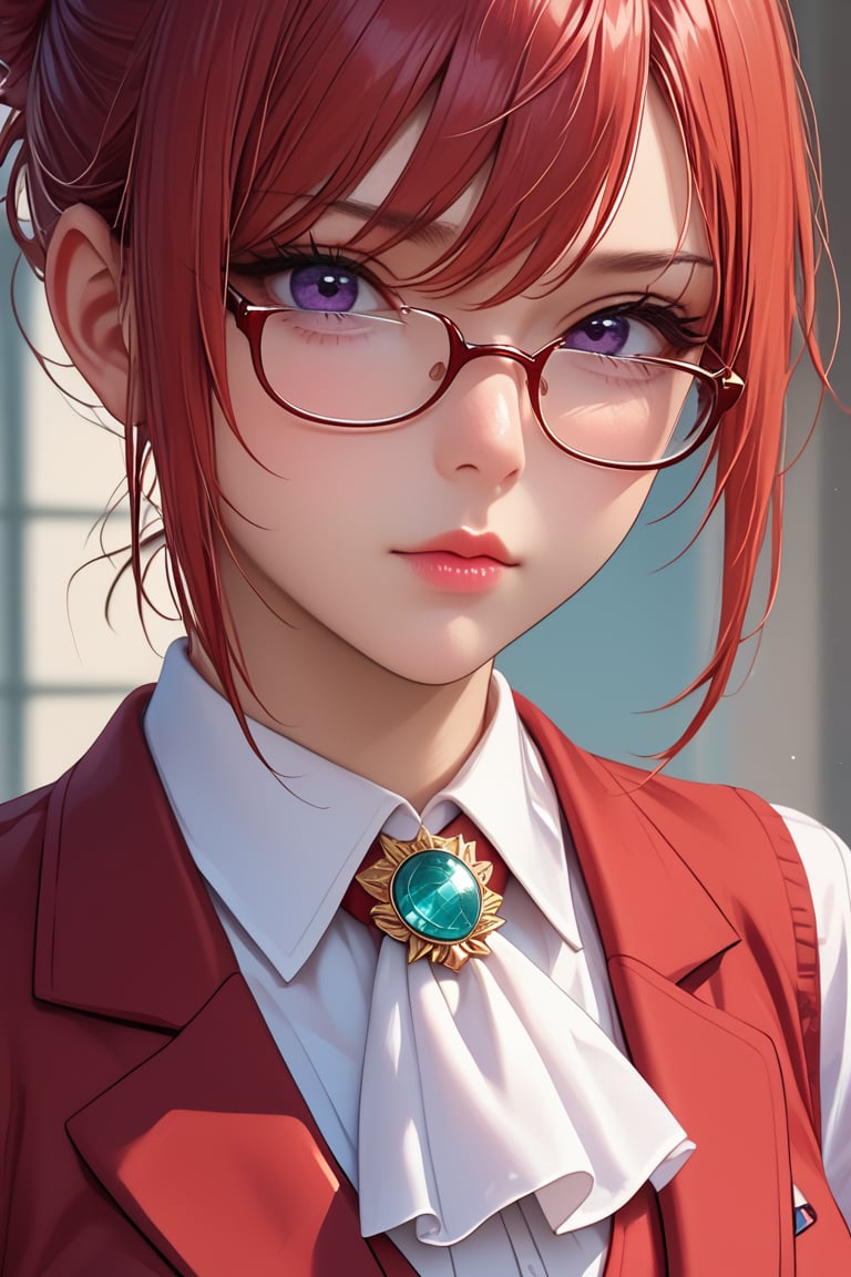 score_9, score_8_up, score_7_up, 1girl, solo,  ((kazami mizuh)) ( Onegai teacher), masterpiece, best quality, highres, km1, 1girl, red hair, sidelocks, brooch, jewelry, ascot, red vest, glasses, 1girl, digital art, ,purple eyes, big eyes, anime eyes style ,