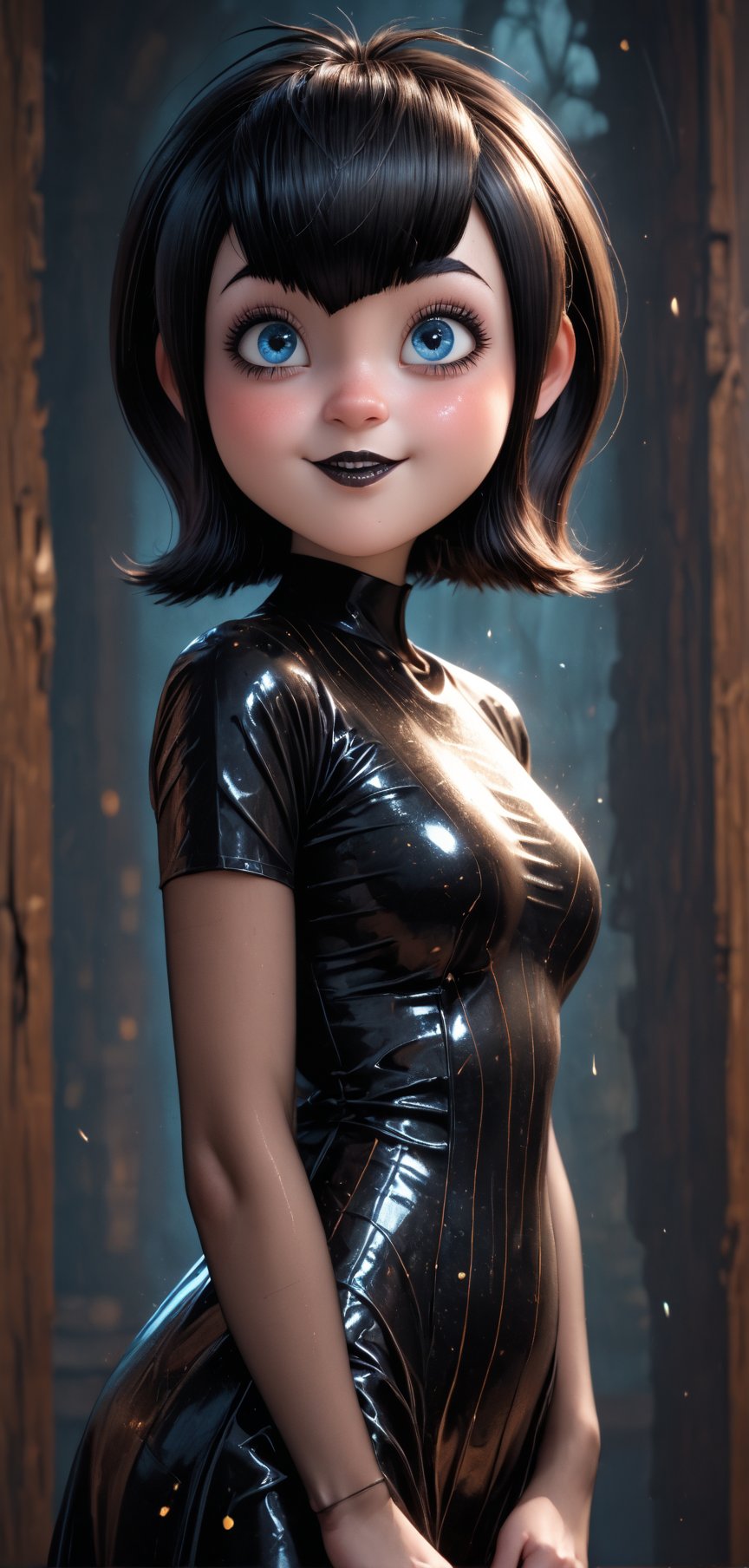 (pale skin:1.2) 1girl, ((Mavis Dracula)), (from Hotel Transylvania), short hair:1.1, black hair:1.1, blue eyes:1.1, big eyes, black painted lips:1.1 Powerful sorcerer named Sorcerer,, Intense blue eyes,  wearing Black neon leotard and a wizard hat , with gold-rimmed decorations, oiled french leotard, oiled skin, cute Face, posing in wet rain, romantic and mysterious atmosphere, soft lighting, sexy allure full view, hyper Realistik, 32k Elegant girl with fantastic face, intricate hairstyle, detailed dress, in bedroom setting, watercolor style blend influenced by Razumov, Volegov, Carne Griffiths, Wadim Kashin, ambient SF tones, intricate artwork with ominous undertone, matte painting resembling film poster, composition adhering to golden ratio, trending aesthetic on CGSociety, ArtStation, character model evoking Artg