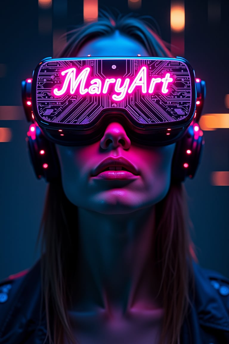 A dramatic cyberpunk portrait of a person wearing futuristic VR goggles reminiscent of Tron Legacy's aesthetic. The goggles, with a vibrant, glitching light fosforescent fucsia  neon sign effect, prominently display 'MaryArt' across the lenses. Intricate, glowing circuitry patterns, inspired by Josan Gonzalez's work,  dance across the face, emphasizing a look of intense focus bordering on digital possession.  The subject's expression is captured mid-sentence, lips slightly parted as if about to utter a command to the digital world.  The background is a deep, dark void punctuated by streaks of dynamic, multi-colored glitch art, similar to the style of Beeple (Mike Winkelmann).  The overall feel is high-tech, edgy, and pulsates with digital energy.  Think bold color contrasts, sharp lines, and a touch of digital decay for a truly captivating and futuristic artwork.