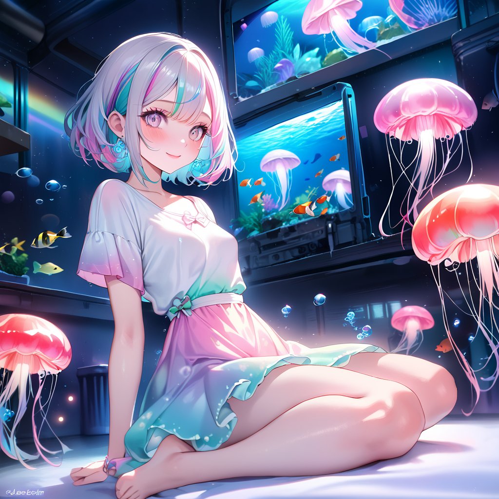 1girl, (JELEE-chan), watercolor painting, Anime style, (background is aquarium), (aquarium), (("bubbling")), ((Barefoot)), masterpiece, best, Masterpiece, Best, High Quality, High Quality Anime, Very cute, Beautiful work, Detailed eyes, Beauty of face, Beautiful girl, 4K, (“Realistic” 1.5), ((("Fantastic"))), bashful smile, very cute, beautiful eyes, beautiful face, small breasts, 1girl, solo, 1Girl, white shirt, short hair, perfect face, night, stars, jellyfish, iridescence, light particles, Kawaii, cute, pretty, anime, pastel, neon, Rainbow hair, rainbow eyes, rainbow dress, colorful, ((Background is the neon district at night)), Fantastic illustrations, jeleechan, multicolored hair