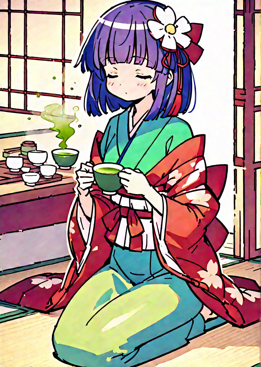 hieda no akyuu、shiny skin,indoor, small breastssit, seiza, closed eyes, japanese cup, holding cup, green tea, drinking,masterpiece、best quality、high quality illustrations、extremely cute、touhouproject