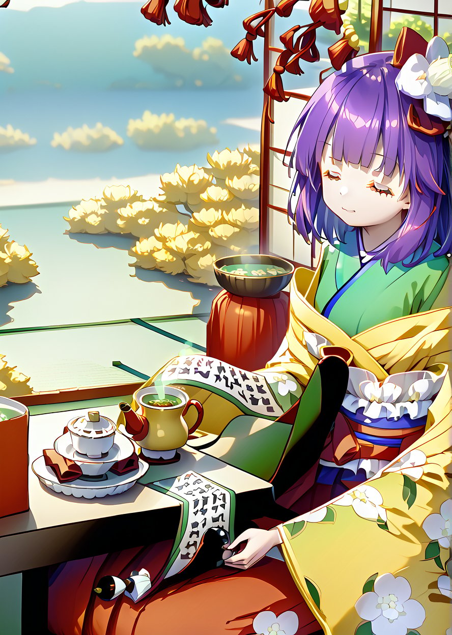 hieda no akyuu、shiny skin,indoor, small breastssit, seiza, closed eyes, japanese cup, holding cup, green tea, masterpiece、best quality、high quality illustrations、extremely cute、touhouproject