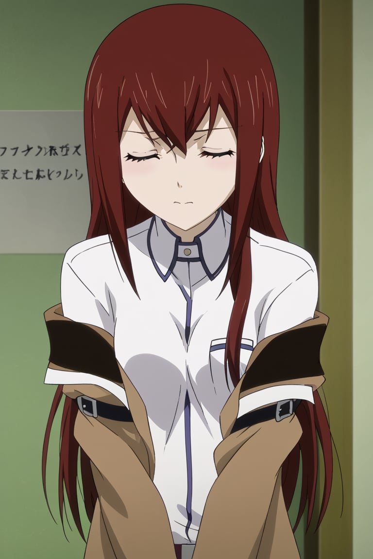 makise kurisu、shiny skin,indoor, small breastssit, closed eyes, masterpiece、best quality、high quality illustrations、extremely cute、normally being sharp but at some prompt suddenly becoming lovestruck,kurisu makise