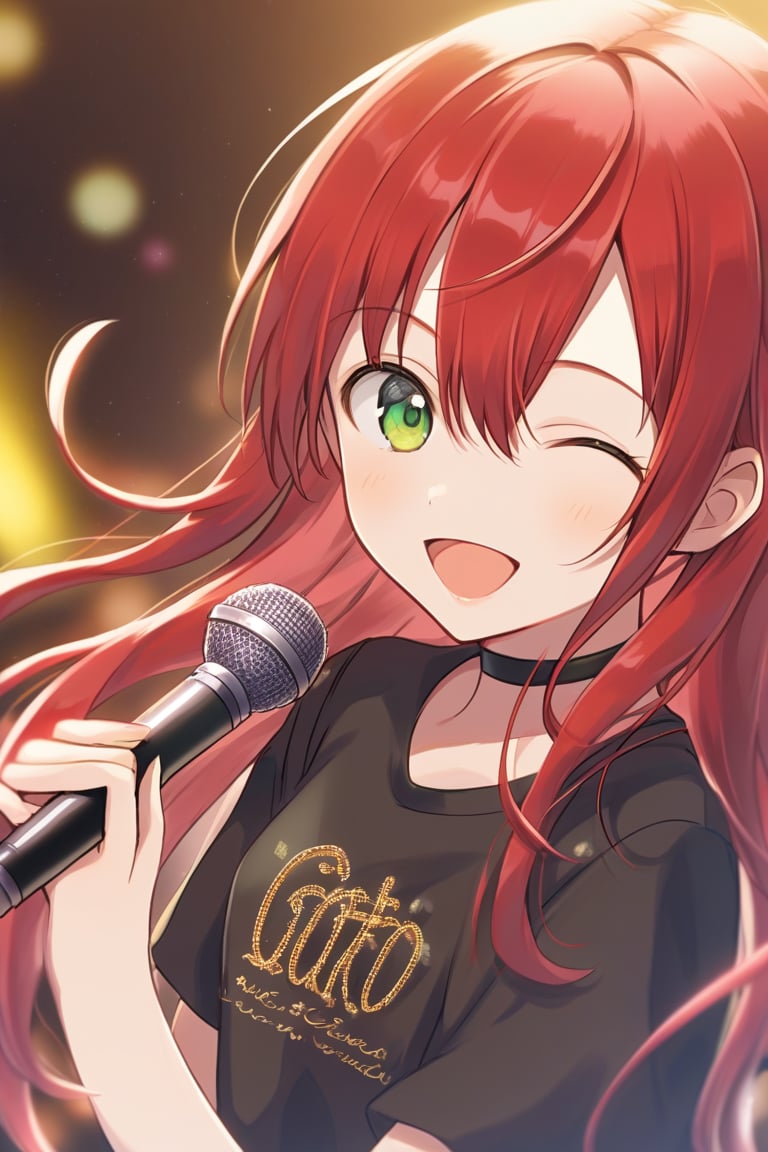 Mouth closed, Hitori Goto (name), 1girl, solo, long hair, looking at viewer, smile, cute, open mouth, bangs, shirt, holding, hair between eyes, green eyes, yellow eyes, upper body, :d, red hair, choker, black shirt, microphone, music, Background is school festival