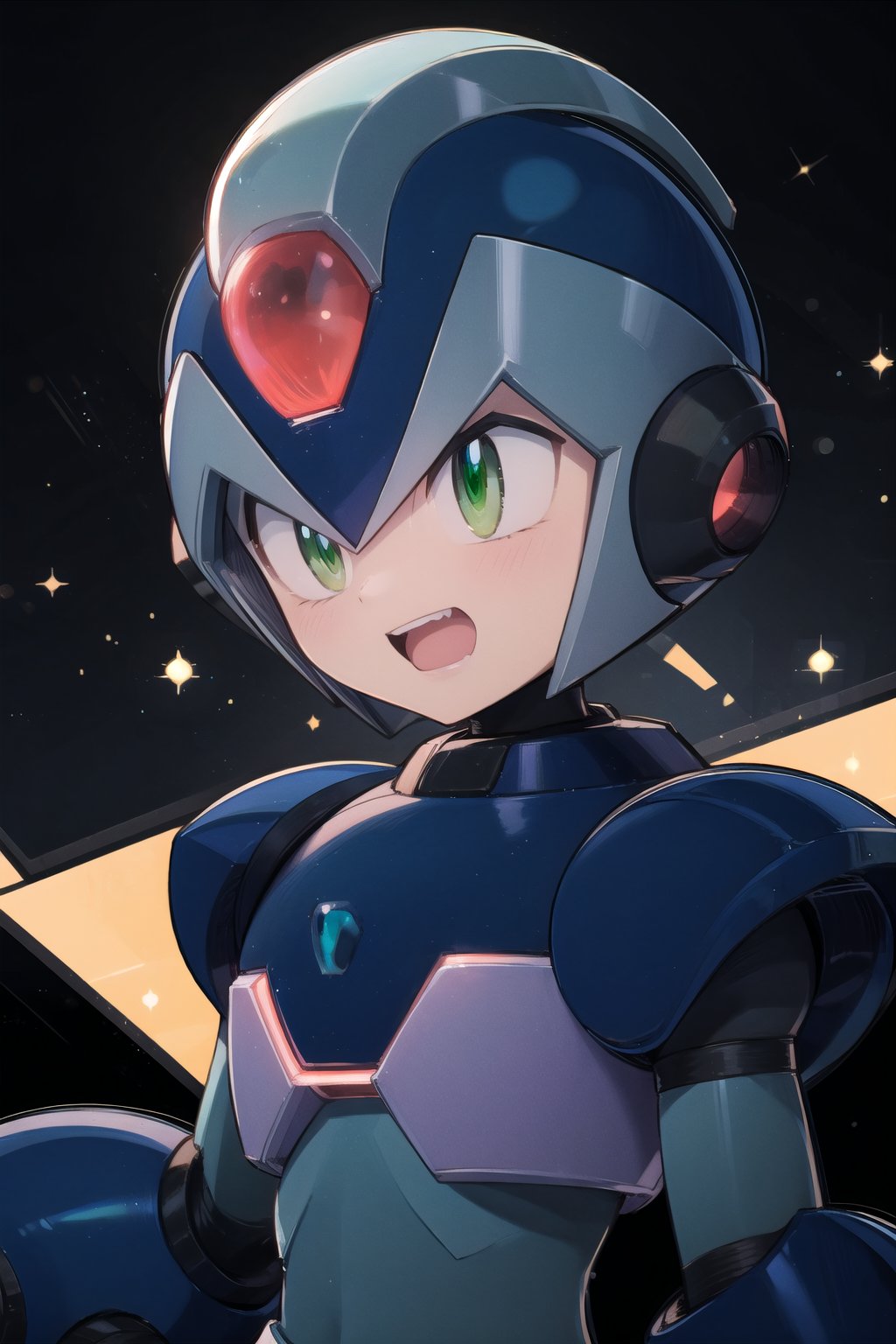 x_megamanx, solo, 1boy, male focus, helmet, android, (blue armor), green eyes, masterpiece, high quality,Mog3ko, upper_body, happy_face, :), 