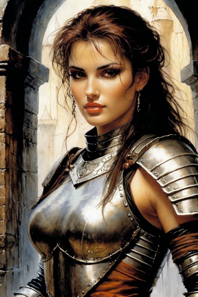 art by luis royo and Gerald Brom: Amused female armoured  fighter human with Brown eyes, Brown hair, Fair skin, and Upturned Eyebrows, in a dungeon