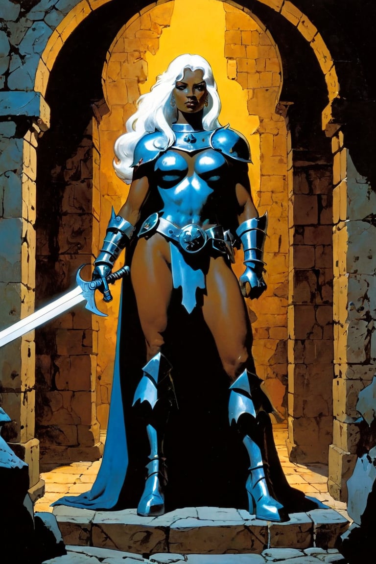 Full body art by Mike Mignola and Frazetta: Frowning female paladin giant (9' tall) with Blue eyes, White hair, Dark skin,  in a dungeon