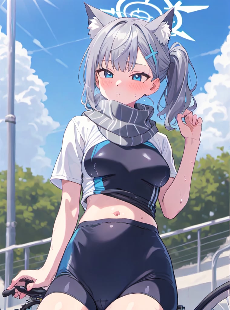 1girl, solo, blush, blue_archive, shiroko (blue archive), hair_pin, gray_hair, blue_eyes, cute, wet, medium hair, school_uniform, white socks, sneakers, short sleeves, official alternate costume, cycling uniform, bike shorts,bike jersey, swimsuit,piece swimsuit, one, multicolored swimsuit, multicolored clothes, low ponytail, covered navel, competition swimsuit,black one, scarf, skirt, school uniform, checkered skirt,checkered clothes, wolf ears, halo, hairpin, hair ornament, grey hair, blue eyes, animal ears