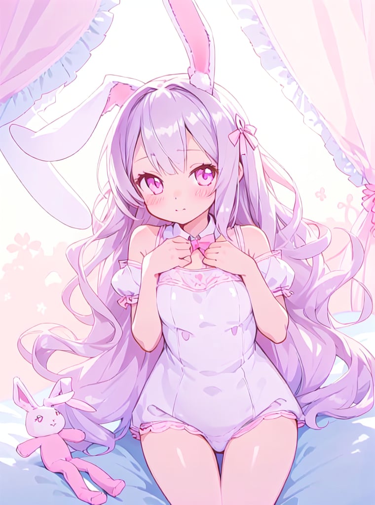 beautiful illustration, best quality, cute girl, bedroom, pastel color, fluffy bunny ears, , silver long hair, rabbit stuffed toy, bright lighting, light pink eyes, background,scenery,CrclWc,CuteSt1,WtrClr