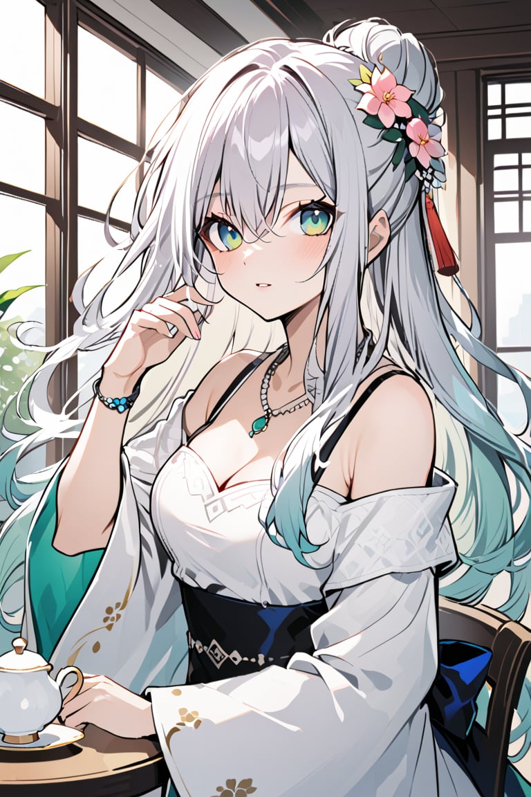 1girl, solo, long hair, breasts, looking at viewer, bangs, hair ornament, long sleeves, dress, cleavage, hair between eyes, bare shoulders, jewelry, medium breasts, very long hair, green eyes, upper body, flower, grey hair, parted lips, indoors, hand up, hair flower, wide sleeves, necklace, off shoulder, hair bun, white dress, blurry, bracelet, cup, window, depth of field, blurry background, table, single hair bun, pink flower, teacup, beads, teapot, tea