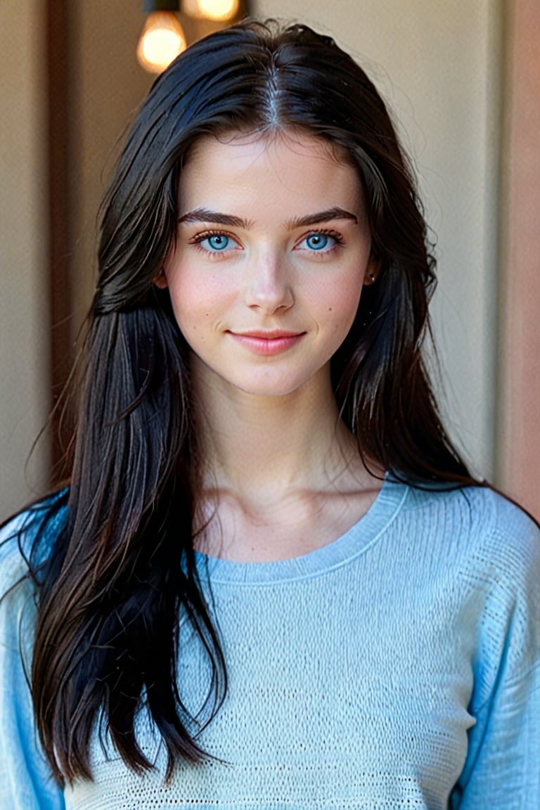 Prompt: masterpiece, high quality realistic, young 20 years old gorgeous girl, detailed face ,detailed eye , long black hair , light blue eyes ,light smile, full size photo,face toward viewer , wear causal clothes,photo real,