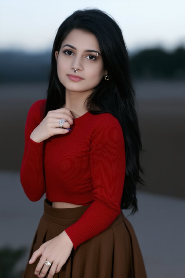 Close-up shot of a woman with long, flowing black hair and piercing black eyes. She's gazing directly at the viewer, her full lips subtly curved into a gentle smile. Her outfit consists of a bold red sweater, paired with a brown skirt that falls just above her knees. Long sleeves cover her arms, adorned with delicate jewelry. A ring gleams on her finger as she leans forward, her posture exuding confidence and elegance. The outdoor setting is shrouded in darkness, with a blurry background allowing the viewer's focus to remain solely on the subject. Her gaze seems almost hypnotic, drawing the eye into the photorealistic image.