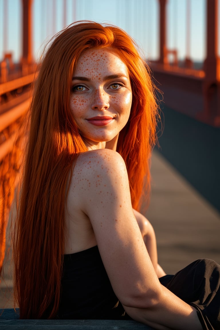 In a warm, golden light, a majestic woman sits serenely, her vibrant red locks cascading down her back like a fiery waterfall. Her long hair frames her face, highlighting her piercing brown eyes that gaze directly at the viewer with quiet intensity. Her bare shoulders and upper body glisten softly, accentuating the subtle curves of her skin as she presents herself in a gentle, inviting pose. Freckles sprinkle across the bridge of her nose, and her lips curve into a soft, enigmatic smile, all rendered in breathtaking 8K resolution with photorealistic precision.