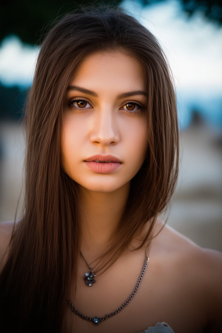 A stunning 4K masterpiece captures a woman with long, richly textured brown hair cascading down her back, as she gazes directly at the viewer. Her brown eyes sparkle beneath parted lips, where a subtle hint of lip gloss catches the light. A delicate necklace adorns her neck, drawing the eye to its intricate details. The background is intentionally blurry, creating depth and focus on the subject, while the photorealistic portrait showcases her natural beauty amidst an outdoor setting.