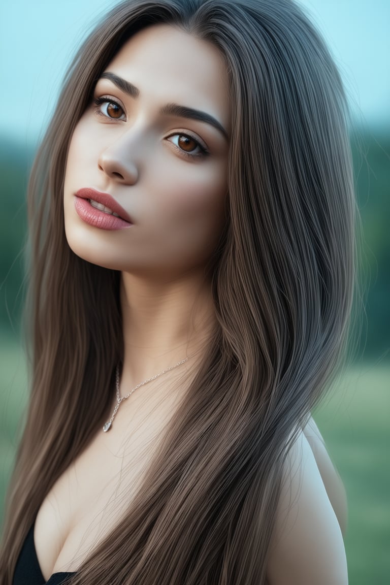 A stunning 4K masterpiece captures a woman with long, richly textured brown hair cascading down her back, as she gazes directly at the viewer. Her brown eyes sparkle beneath parted lips, where a subtle hint of lip gloss catches the light. A delicate necklace adorns her neck, drawing the eye to its intricate details. The background is intentionally blurry, creating depth and focus on the subject, while the photorealistic portrait showcases her natural beauty amidst an outdoor setting.