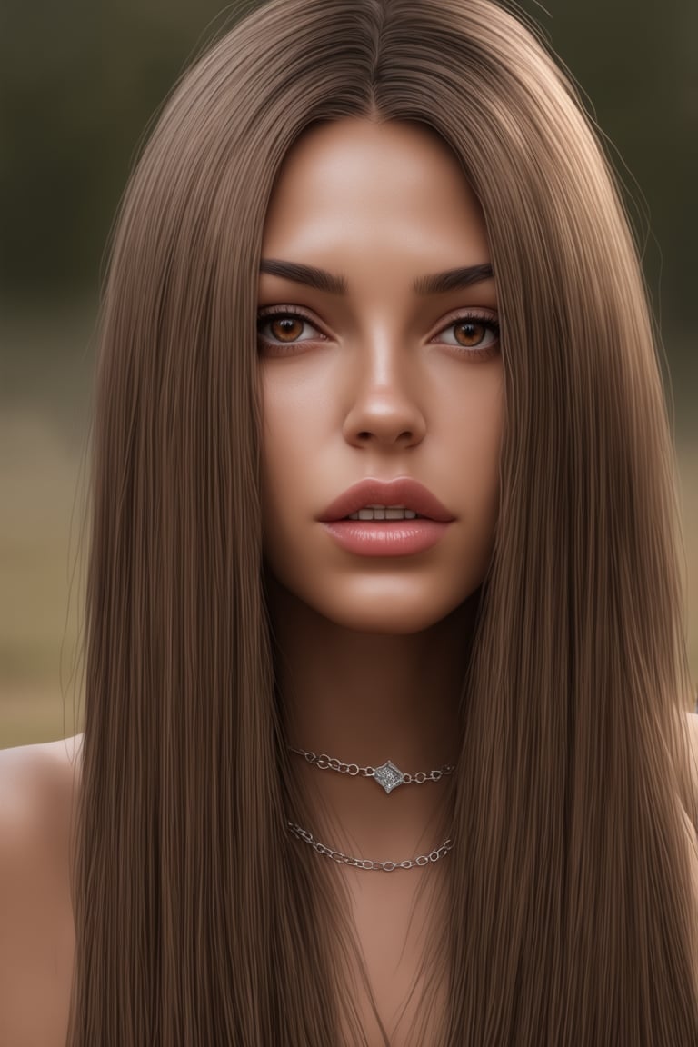 A stunning 4K masterpiece captures a woman with long, richly textured brown hair cascading down her back, as she gazes directly at the viewer. Her brown eyes sparkle beneath parted lips, where a subtle hint of lip gloss catches the light. A delicate necklace adorns her neck, drawing the eye to its intricate details. The background is intentionally blurry, creating depth and focus on the subject, while the photorealistic portrait showcases her natural beauty amidst an outdoor setting.