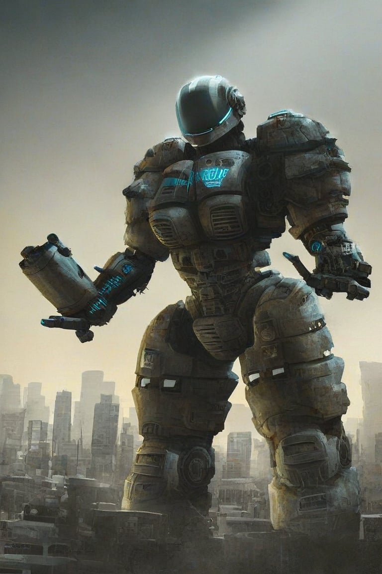 A futuristic sci-fi warrior stands tall in a dark, gritty urban landscape, clad in realistic power armor adorned with metallic plating and glowing blue cables. A silver helmet with a visor-like gaze and prominent shoulder pads adds to the overall armored appearance. The surrounding cityscape is dimly lit by flickering neon signs, casting long shadows on the dusty streets.