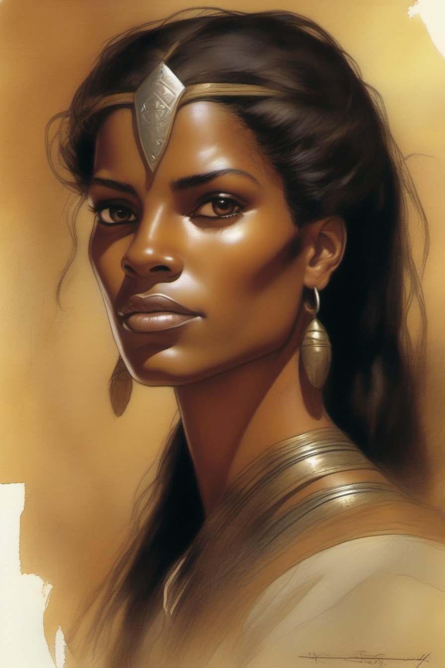 Portrait of a Aloof female medieval north-african human with Brown eyes, Brown hair, Dark skin, Soft Features, Large Jaw, Thin Lips and Sharp Features, art by Jeff Easley and bill sienkiewicz