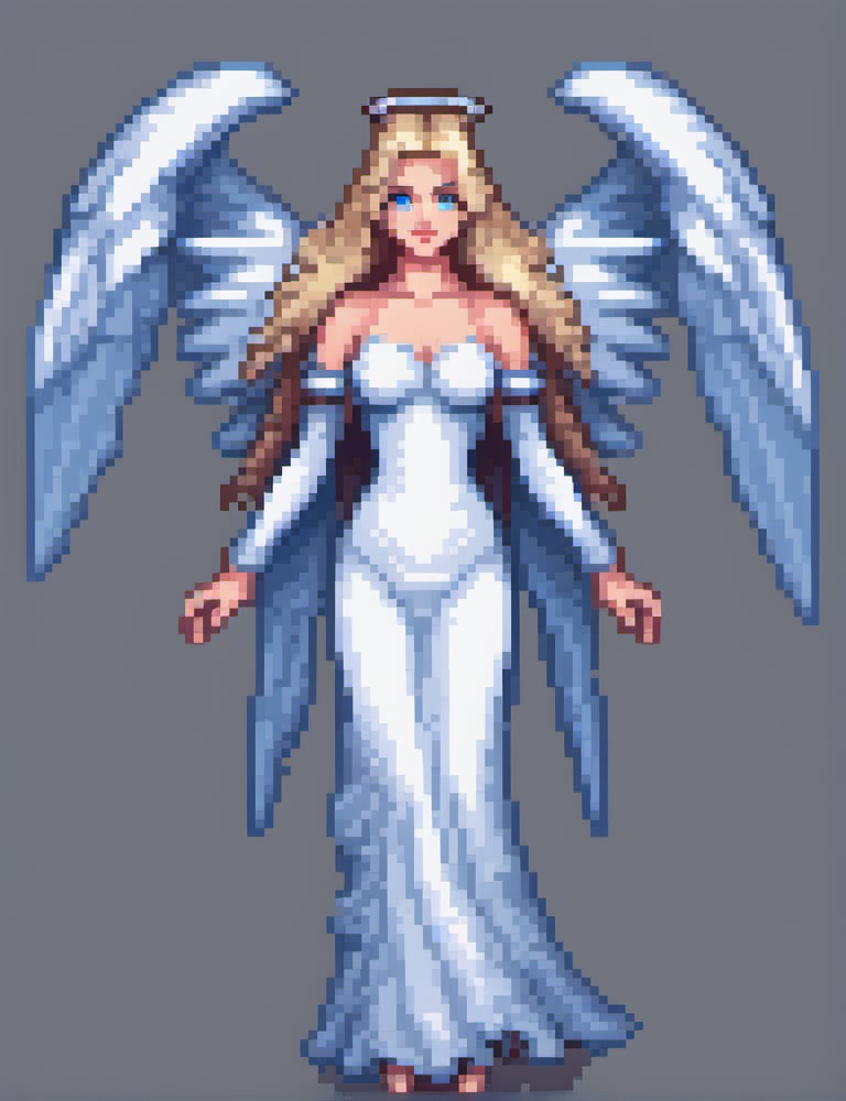 pixel art, multi pose,  A beauty angel Named Lucifer (female) with a graceful face, sharp blue eyes, and a mysterious Wings. Slightly wavy hair silver blond resembling a European style. 