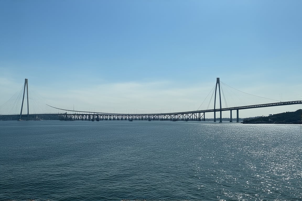 A scenic shot of the iconic Penang Bridge, stretching 13.5 kilometers across the water, connecting the island of Penang to the mainland. The late afternoon sunlight casts a warm glow on the sleek steel structure, while the surrounding waters sparkle like diamonds. A slight haze hangs in the air, adding depth to the composition. The bridge's gentle curves and rhythmic arches create a sense of dynamism, as if it's about to spring into motion.