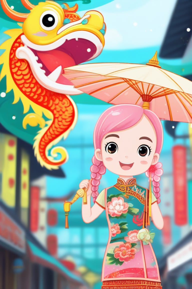 Anime style, a young Chinese girl with bright pink hair tied in pigtails, wearing a traditional cheongsam dress with intricate embroidery, stands in front of a vibrant street art mural in Kuala Lumpur, Malaysia. She holds a colorful umbrella to shield herself from the tropical rain shower, her eyes sparkling with curiosity as she gazes up at the whimsical dragon-shaped lantern hanging above. 