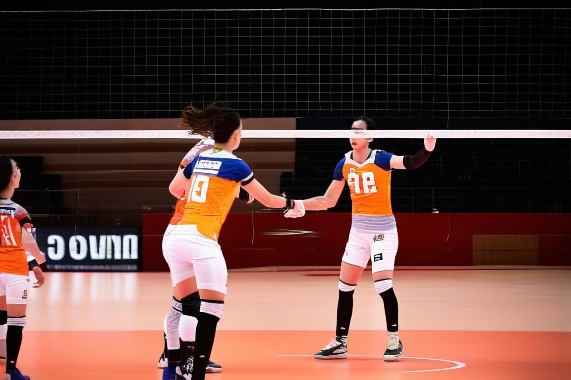 Two teams of volleyball players, dressed in matching jerseys and athletic wear, face off on either side of the indoor volleyball court's central net. The dimly lit arena's high ceilings and smooth, polished floor reflect the players' movements as they jump, spike, and block their way to victory.