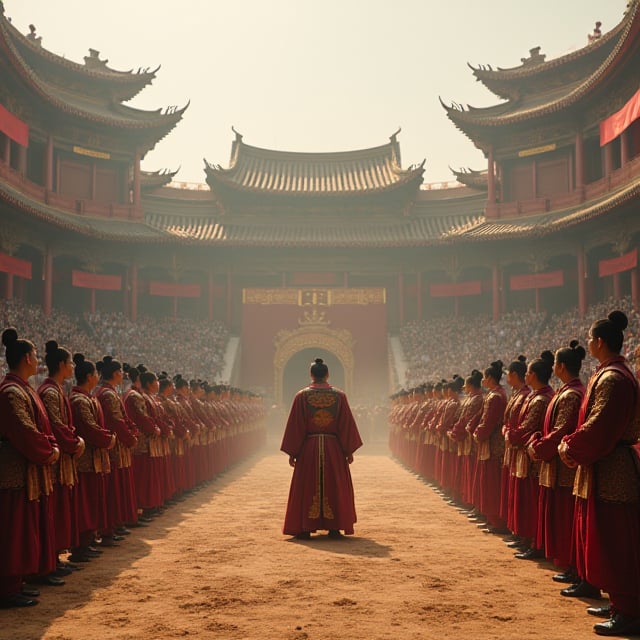 Wrestling champions face off in a grand arena beneath ancient Chinese city walls. The Xian Xian World's most skilled Wushu warriors stand at attention, their gleaming armor and flowing robes a testament to their cultural heritage. Stage lights illuminate the competitors as they prepare for battle, the crowd holding its collective breath.